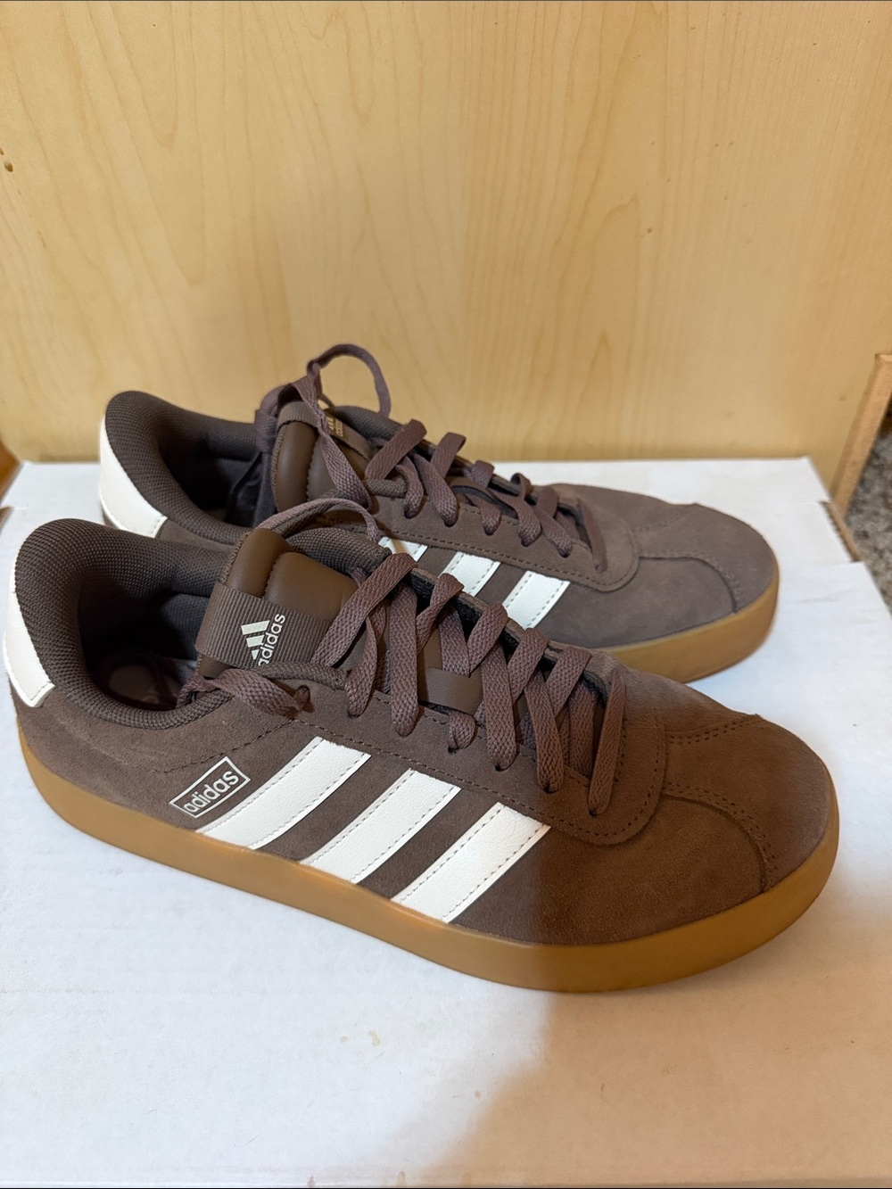 adidas Women’s Brown Suede Court Shoes with White Stripes